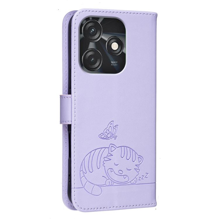 For Tecno Spark 10C Cat Butterfly Embossed RFID Vegan Leather Phone Case with Strap