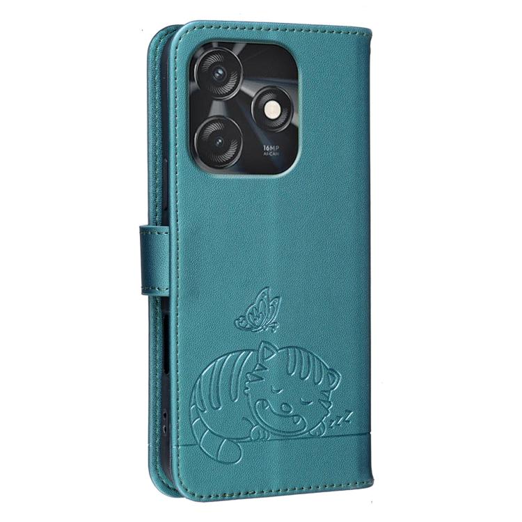 For Tecno Spark 10C Cat Butterfly Embossed RFID Vegan Leather Phone Case with Strap