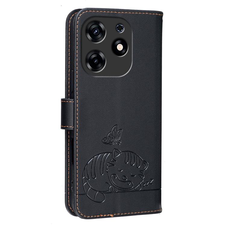 For Tecno Spark 10 Pro Cat Butterfly Embossed RFID Vegan Leather Phone Case with Strap