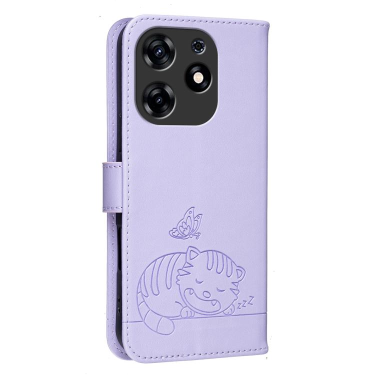 For Tecno Spark 10 Pro Cat Butterfly Embossed RFID Vegan Leather Phone Case with Strap