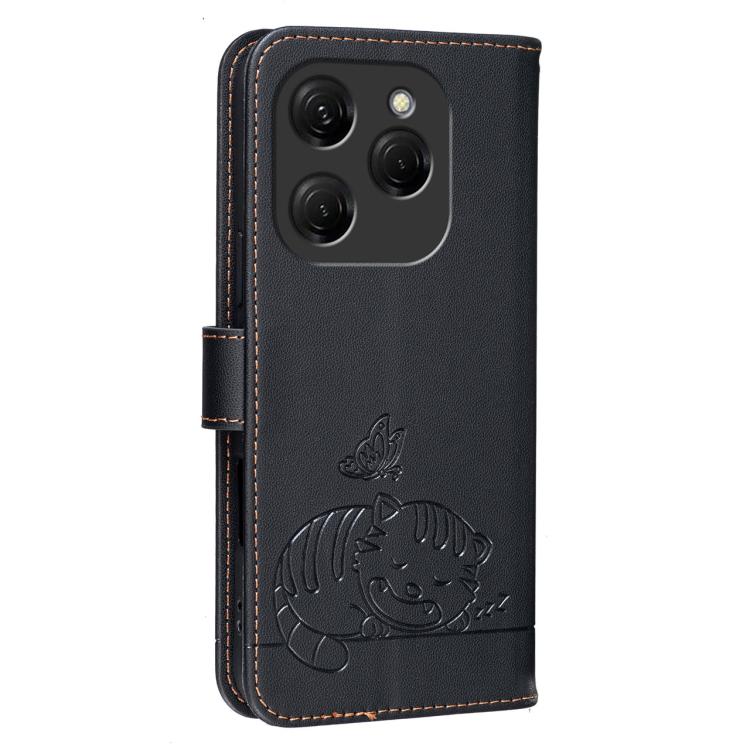 For Tecno Spark 20 Pro / Infinix Hot 40 Cat Butterfly Embossed RFID Vegan Leather Phone Case with Strap