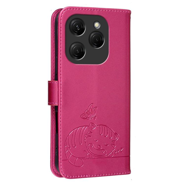 For Tecno Spark 20 Pro / Infinix Hot 40 Cat Butterfly Embossed RFID Vegan Leather Phone Case with Strap