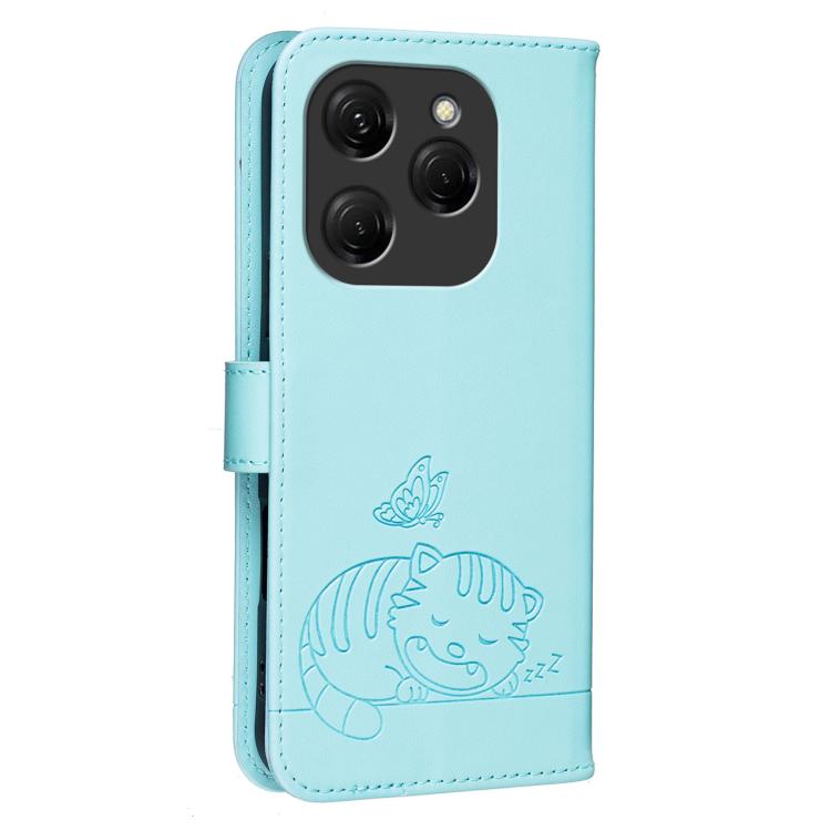 For Tecno Spark 20 Pro / Infinix Hot 40 Cat Butterfly Embossed RFID Vegan Leather Phone Case with Strap