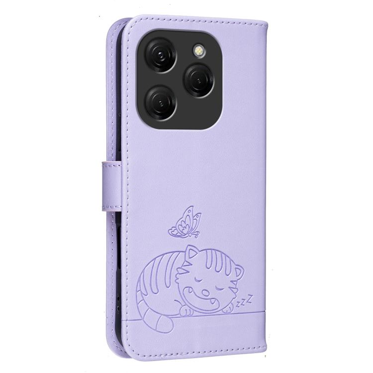 For Tecno Spark 20 Pro / Infinix Hot 40 Cat Butterfly Embossed RFID Vegan Leather Phone Case with Strap