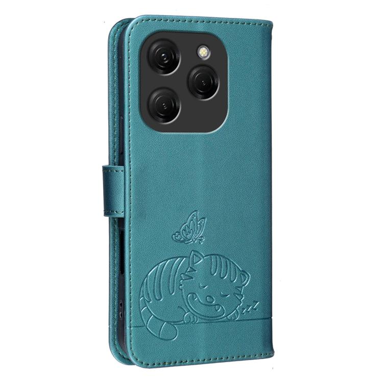 For Tecno Spark 20 Pro / Infinix Hot 40 Cat Butterfly Embossed RFID Vegan Leather Phone Case with Strap