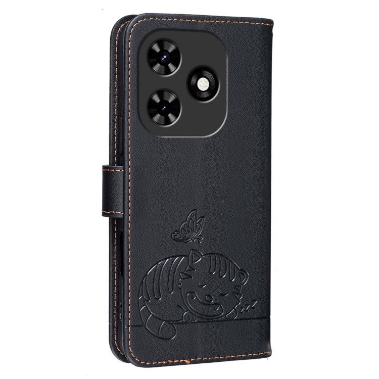 For Tecno Spark Go 2024 Cat Butterfly Embossed RFID Vegan Leather Phone Case with Strap