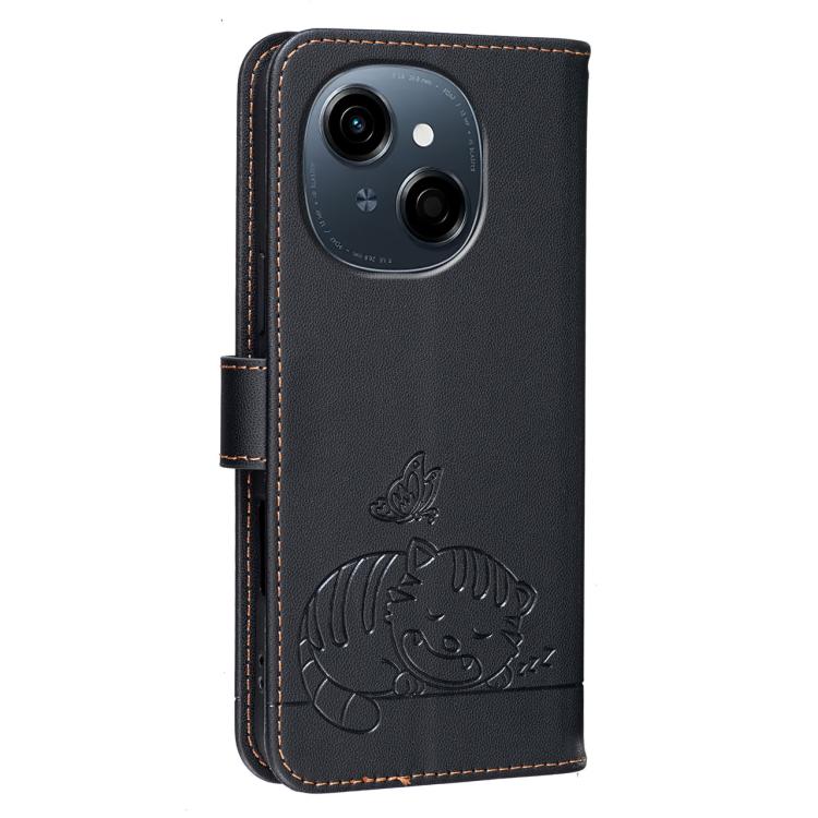 For Tecno Spark Go 2025 / Infinix Hot 60i Cat Butterfly Embossed RFID Vegan Leather Phone Case with Strap