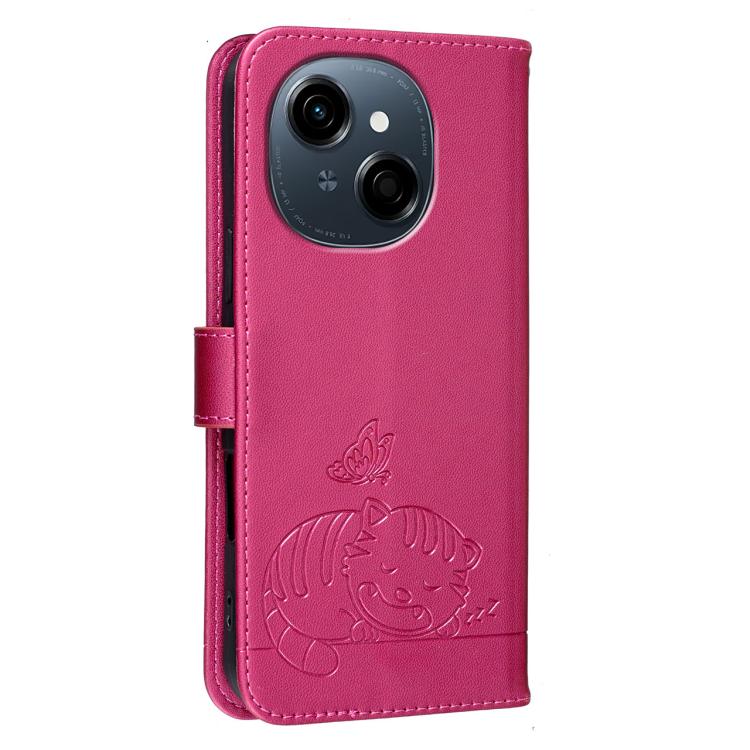 For Tecno Spark Go 2025 / Infinix Hot 60i Cat Butterfly Embossed RFID Vegan Leather Phone Case with Strap