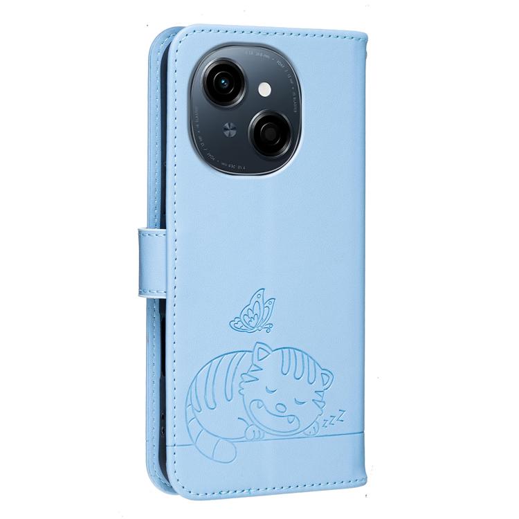 For Tecno Spark Go 2025 / Infinix Hot 60i Cat Butterfly Embossed RFID Vegan Leather Phone Case with Strap