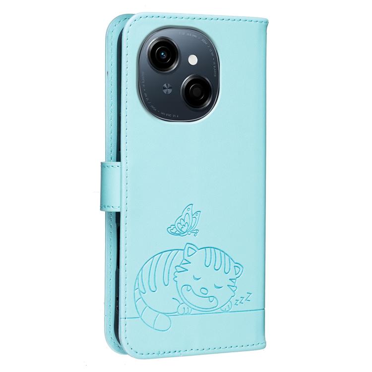 For Tecno Spark Go 2025 / Infinix Hot 60i Cat Butterfly Embossed RFID Vegan Leather Phone Case with Strap