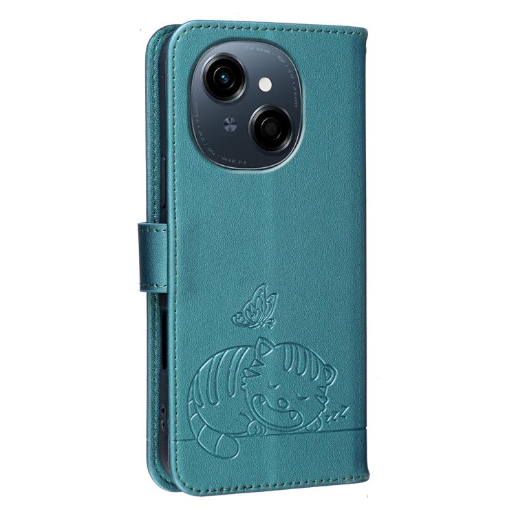 For Tecno Spark Go 2025 / Infinix Hot 60i Cat Butterfly Embossed RFID Vegan Leather Phone Case with Strap