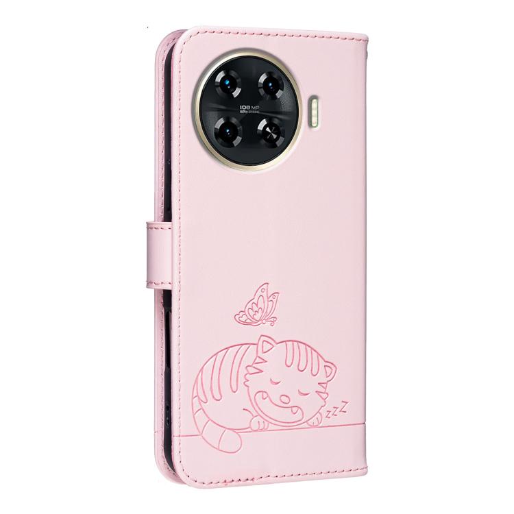 For Tecno Spark 20 Pro+ Cat Butterfly Embossed RFID Vegan Leather Phone Case with Strap