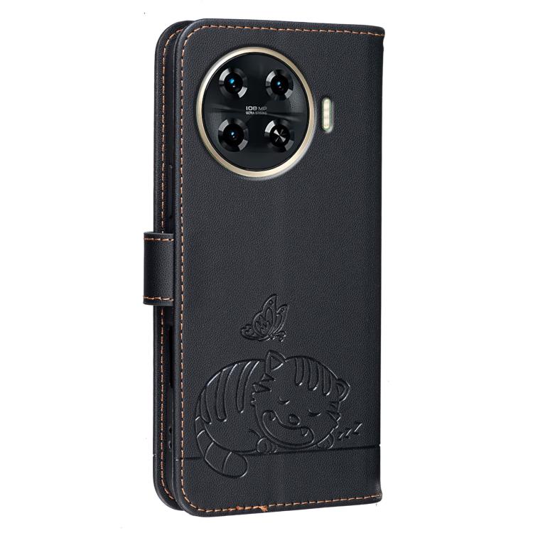 For Tecno Spark 20 Pro+ Cat Butterfly Embossed RFID Vegan Leather Phone Case with Strap