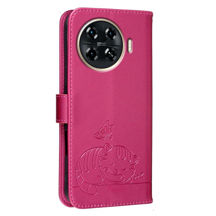 For Tecno Spark 20 Pro+ Cat Butterfly Embossed RFID Vegan Leather Phone Case with Strap