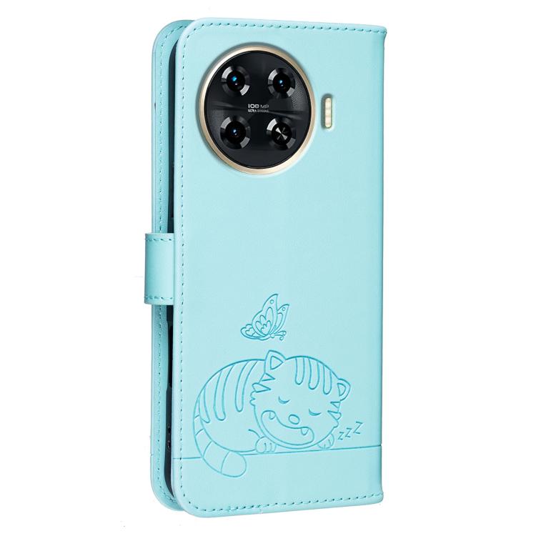For Tecno Spark 20 Pro+ Cat Butterfly Embossed RFID Vegan Leather Phone Case with Strap