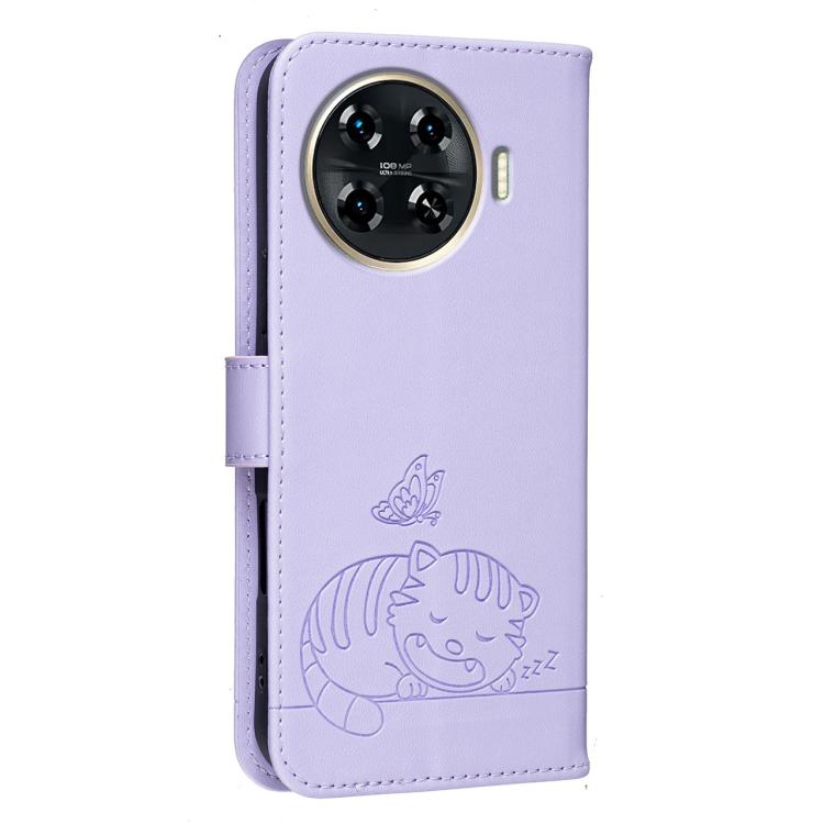 For Tecno Spark 20 Pro+ Cat Butterfly Embossed RFID Vegan Leather Phone Case with Strap