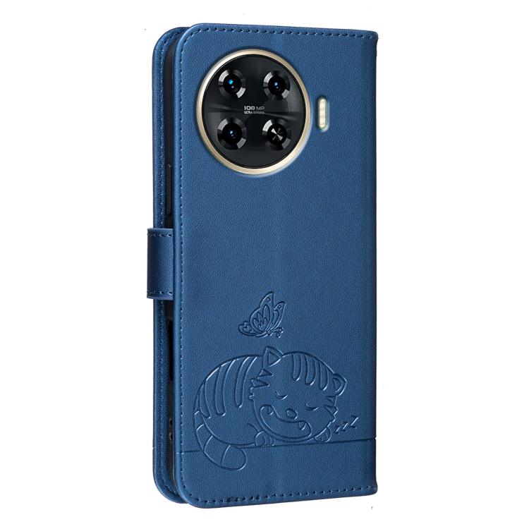 For Tecno Spark 20 Pro+ Cat Butterfly Embossed RFID Vegan Leather Phone Case with Strap