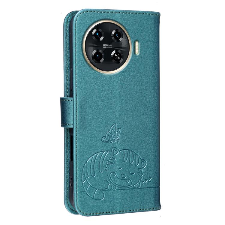 For Tecno Spark 20 Pro+ Cat Butterfly Embossed RFID Vegan Leather Phone Case with Strap