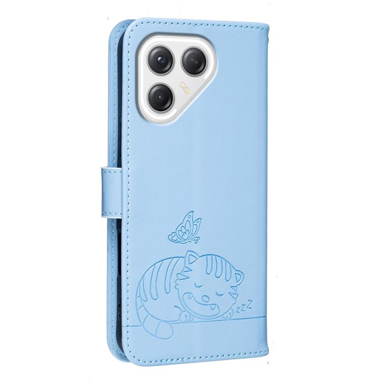 For Tecno Pova 7 4G Cat Butterfly Embossed RFID Vegan Leather Phone Case with Strap