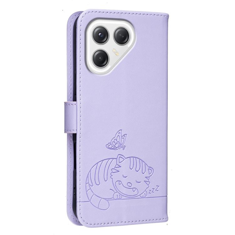 For Tecno Pova 7 4G Cat Butterfly Embossed RFID Vegan Leather Phone Case with Strap