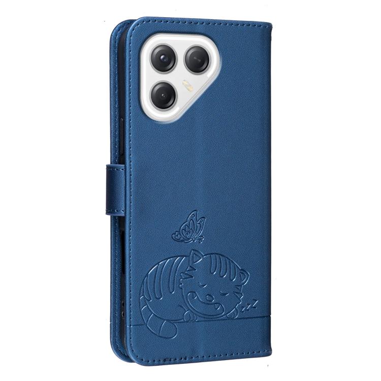 For Tecno Pova 7 4G Cat Butterfly Embossed RFID Vegan Leather Phone Case with Strap