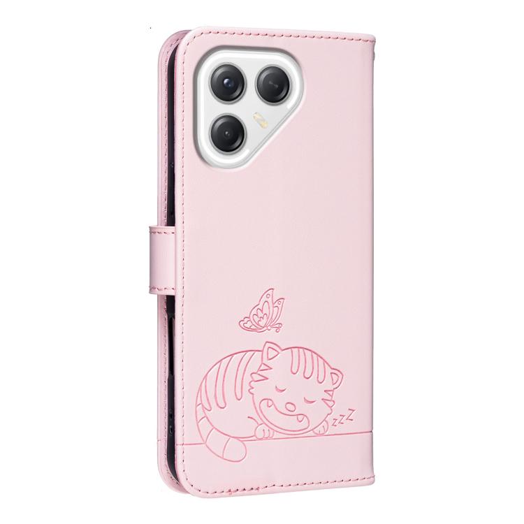 For Tecno Pova 7 5G Cat Butterfly Embossed RFID Vegan Leather Phone Case with Strap