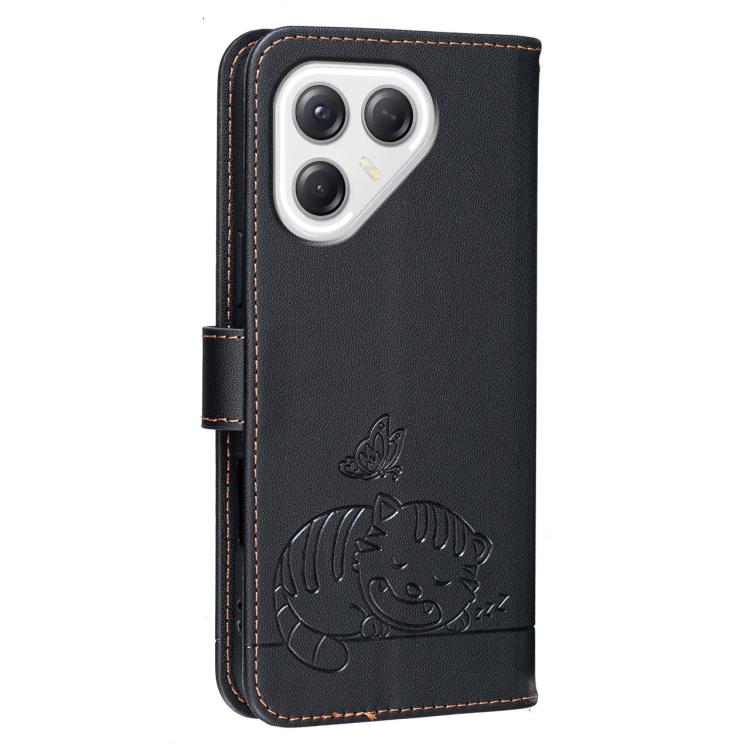 For Tecno Pova 7 5G Cat Butterfly Embossed RFID Vegan Leather Phone Case with Strap