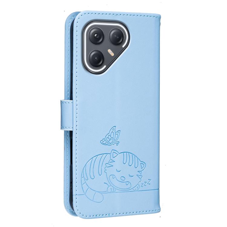 For Tecno Pova 7 Ultra 5G Cat Butterfly Embossed RFID Vegan Leather Phone Case with Strap