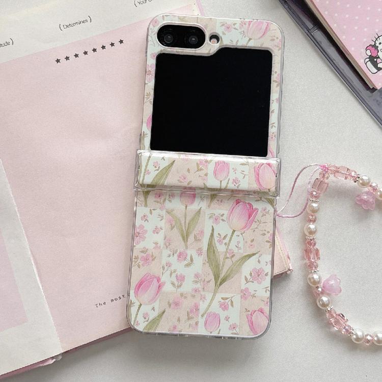 For Galaxy Z Flip5/6 / 7 FE Pink Tulip Pattern Shockproof Magnetic Phone Case with Bracelet