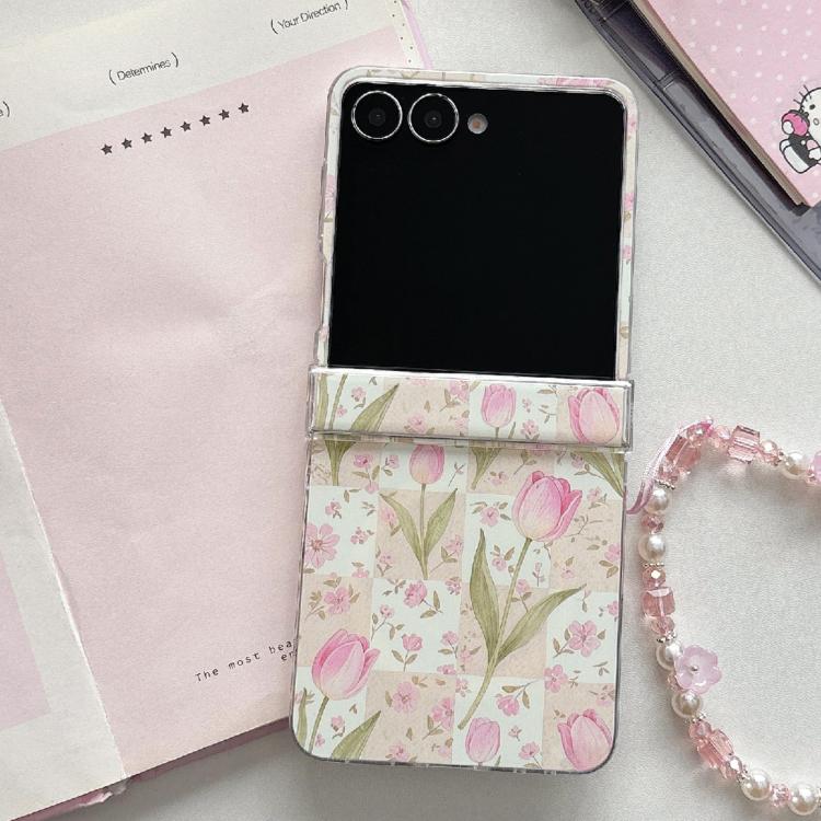 For Galaxy Z Flip7 5G Pink Tulip Pattern Shockproof Magnetic Phone Case with Bracelet