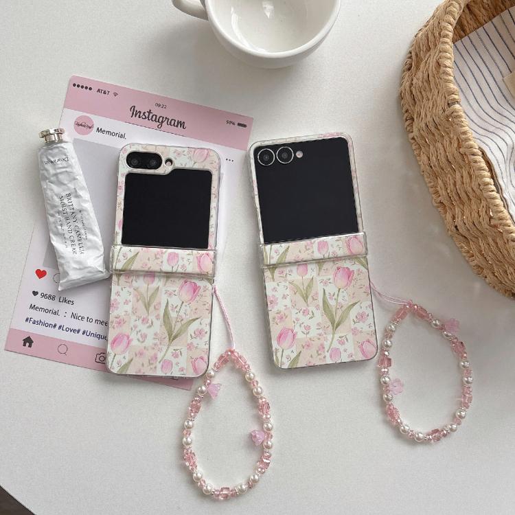 For Galaxy Z Flip5/6 / 7 FE Pink Tulip Pattern Shockproof Magnetic Phone Case with Bracelet