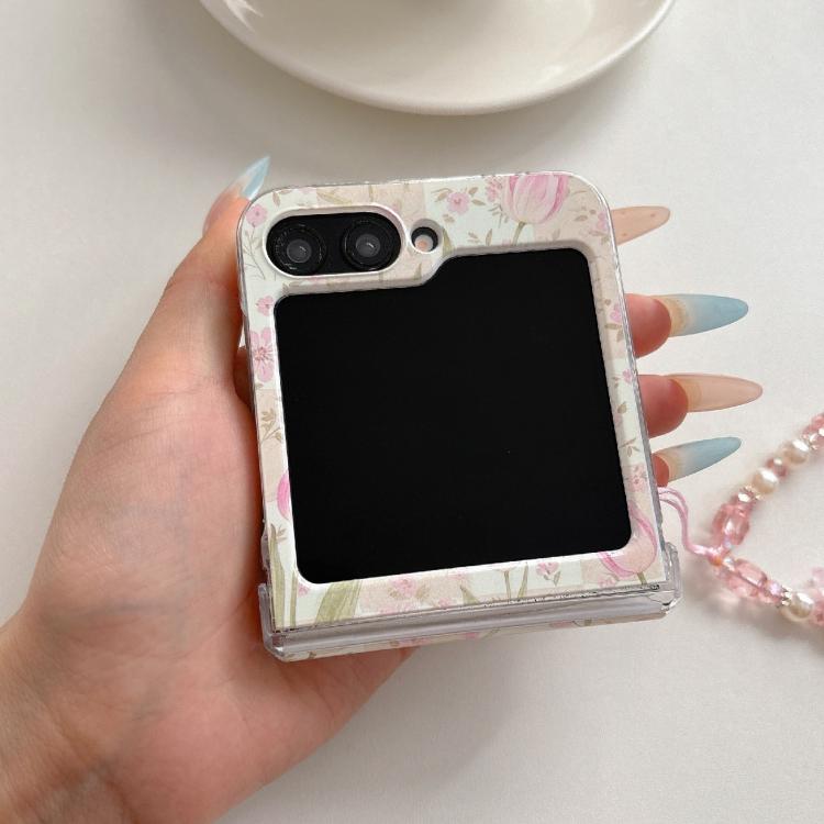For Galaxy Z Flip7 5G Pink Tulip Pattern Shockproof Magnetic Phone Case with Bracelet