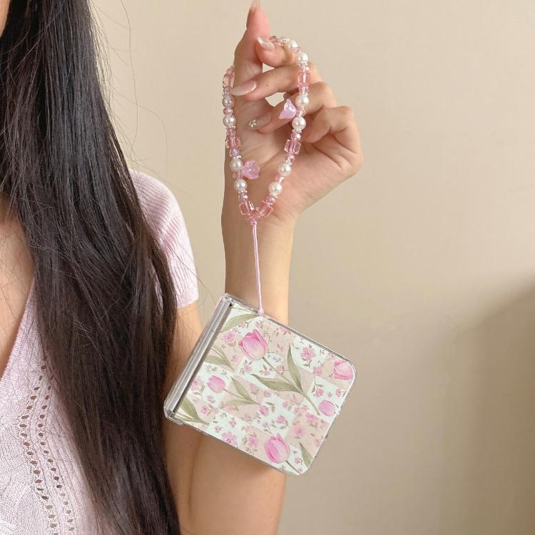 For Galaxy Z Flip5/6 / 7 FE Pink Tulip Pattern Shockproof Magnetic Phone Case with Bracelet