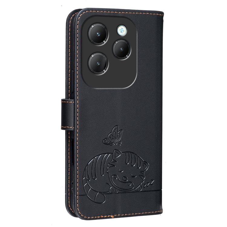 For Infinix Hot 40 / 40 Pro 4G Cat Butterfly Embossed RFID Vegan Leather Phone Case with Strap