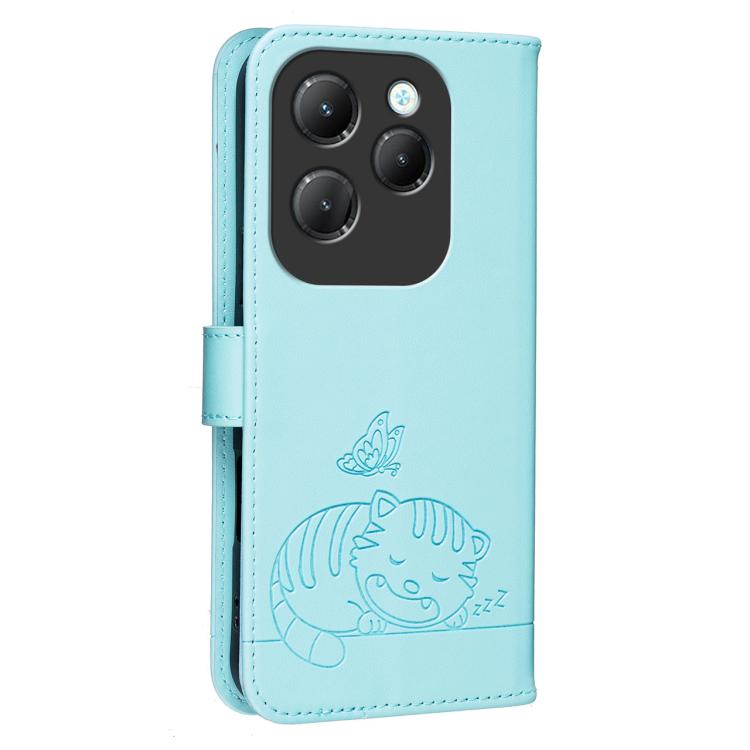 For Infinix Hot 40 / 40 Pro 4G Cat Butterfly Embossed RFID Vegan Leather Phone Case with Strap