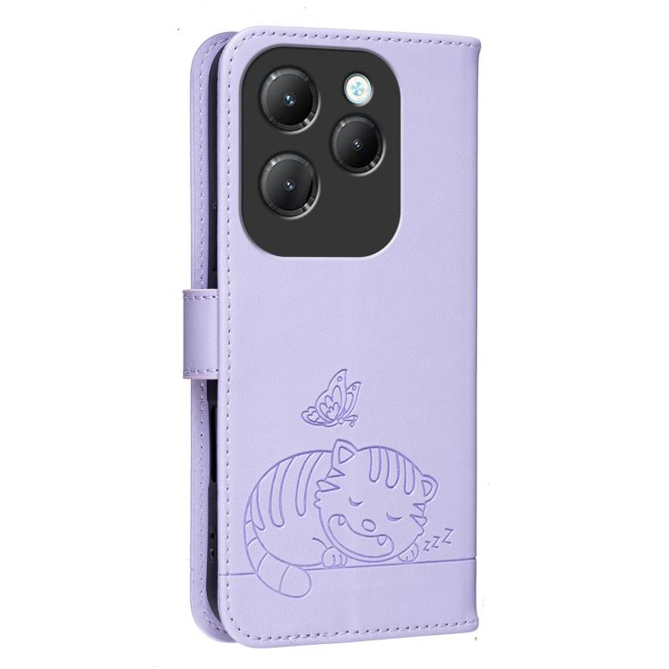 For Infinix Hot 40 / 40 Pro 4G Cat Butterfly Embossed RFID Vegan Leather Phone Case with Strap