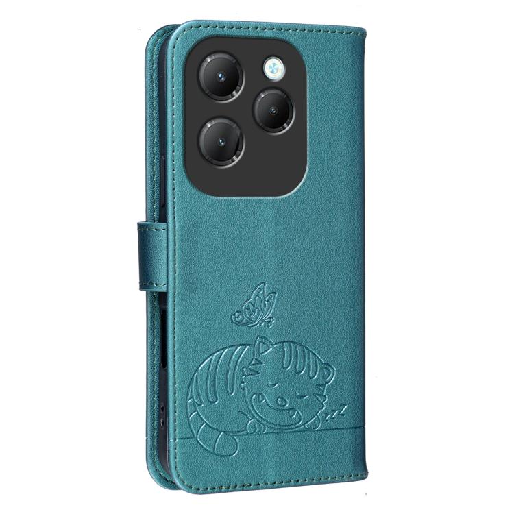 For Infinix Hot 40 / 40 Pro 4G Cat Butterfly Embossed RFID Vegan Leather Phone Case with Strap