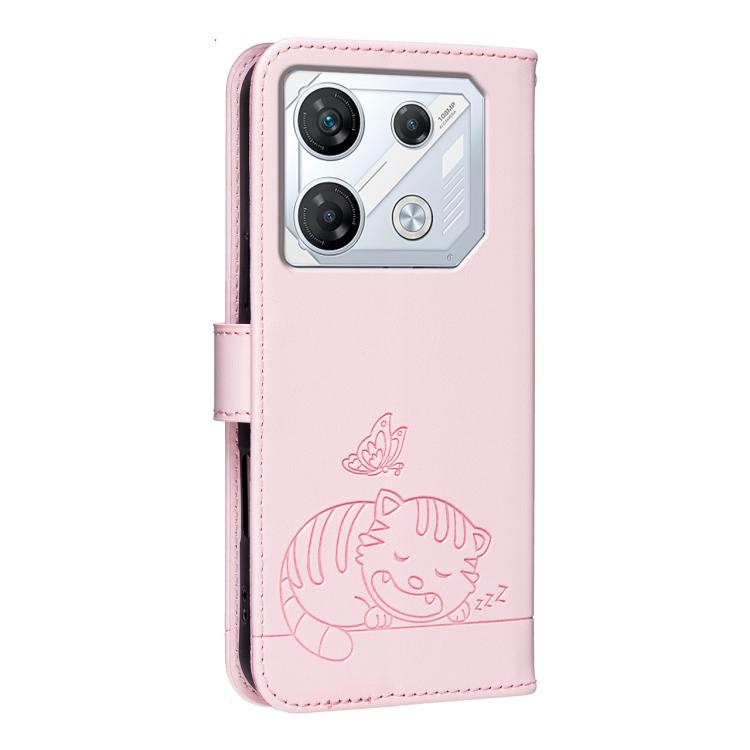 For Infinix GT 10 Pro Cat Butterfly Embossed RFID Vegan Leather Phone Case with Strap