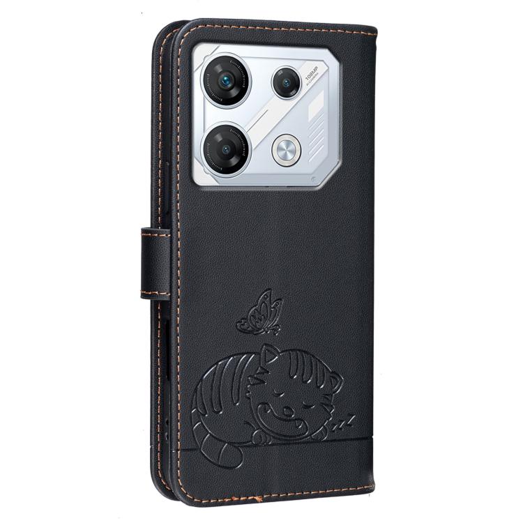For Infinix GT 10 Pro Cat Butterfly Embossed RFID Vegan Leather Phone Case with Strap
