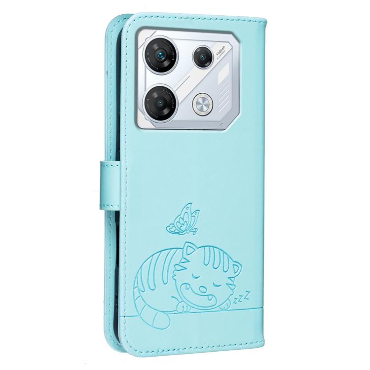 For Infinix GT 10 Pro Cat Butterfly Embossed RFID Vegan Leather Phone Case with Strap