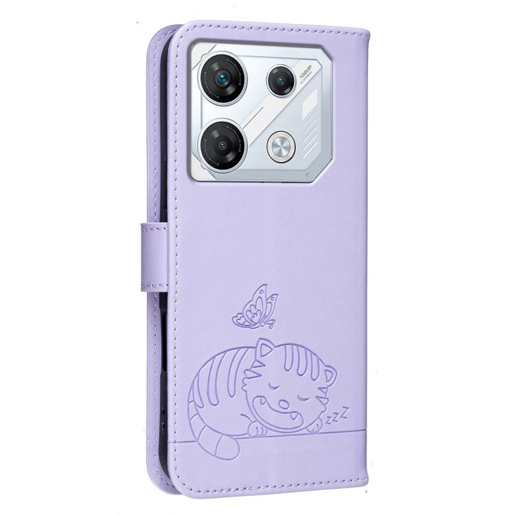 For Infinix GT 10 Pro Cat Butterfly Embossed RFID Vegan Leather Phone Case with Strap