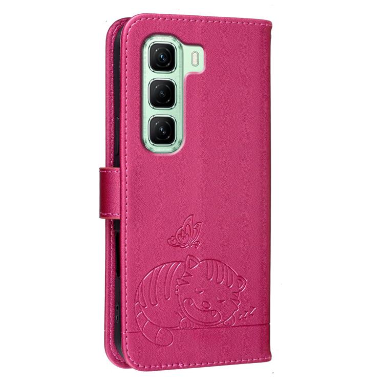 For Infinix Hot 50 5G Cat Butterfly Embossed RFID Vegan Leather Phone Case with Strap