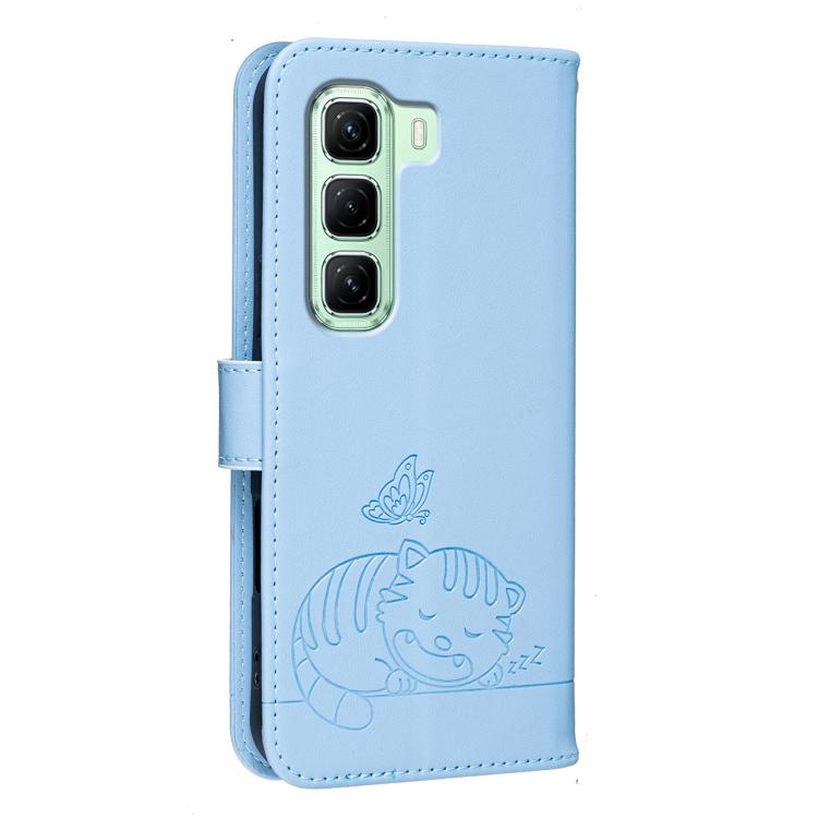 For Infinix Hot 50 5G Cat Butterfly Embossed RFID Vegan Leather Phone Case with Strap