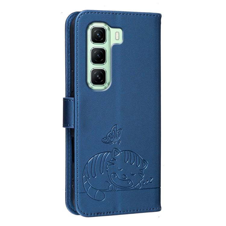 For Infinix Hot 50 5G Cat Butterfly Embossed RFID Vegan Leather Phone Case with Strap