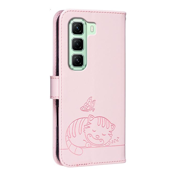 For Infinix Hot 50 4G Cat Butterfly Embossed RFID Vegan Leather Phone Case with Strap