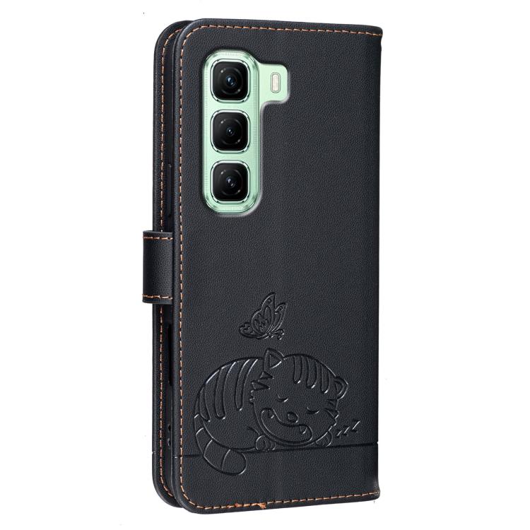 For Infinix Hot 50 4G Cat Butterfly Embossed RFID Vegan Leather Phone Case with Strap
