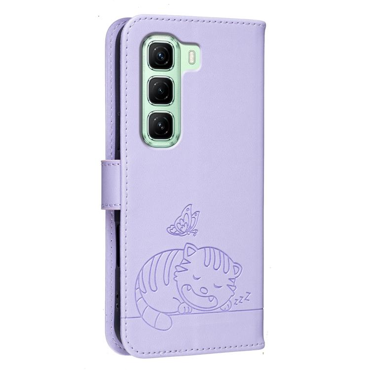 For Infinix Hot 50 4G Cat Butterfly Embossed RFID Vegan Leather Phone Case with Strap
