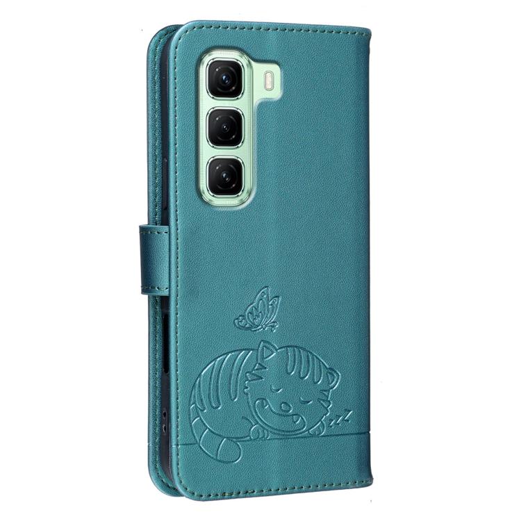 For Infinix Hot 50 4G Cat Butterfly Embossed RFID Vegan Leather Phone Case with Strap