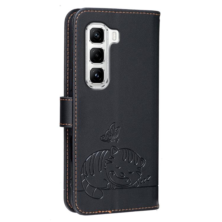 For Infinix Hot 50 Pro 4G Cat Butterfly Embossed RFID Vegan Leather Phone Case with Strap