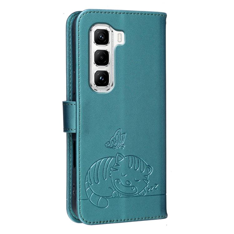 For Infinix Hot 50 Pro 4G Cat Butterfly Embossed RFID Vegan Leather Phone Case with Strap